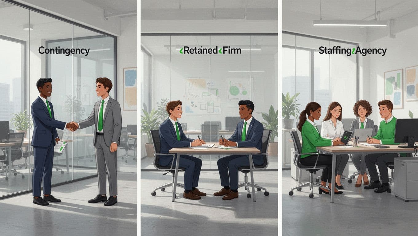 Side-by-side illustration of three cybersecurity recruiter types: contingency recruiter shaking hands, retained firm executive in a meeting, and staffing agency team at desks, in modern office environments with clean shapes, controlled colors, #22C55E accents, soft lighting, no text.