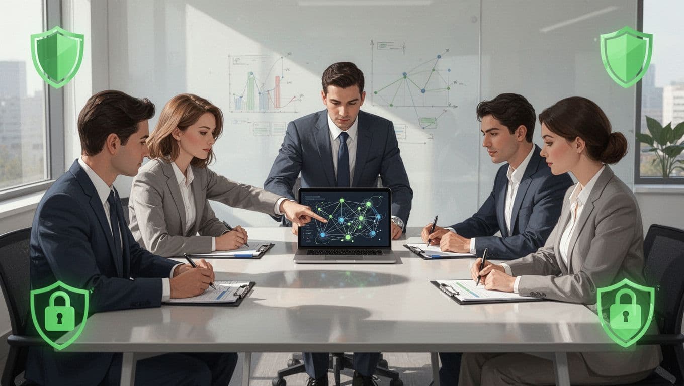 Modern illustration of three cybersecurity recruiters collaborating around a table in a modern office, one pointing at a laptop with abstract network graphs while others take notes on pads.