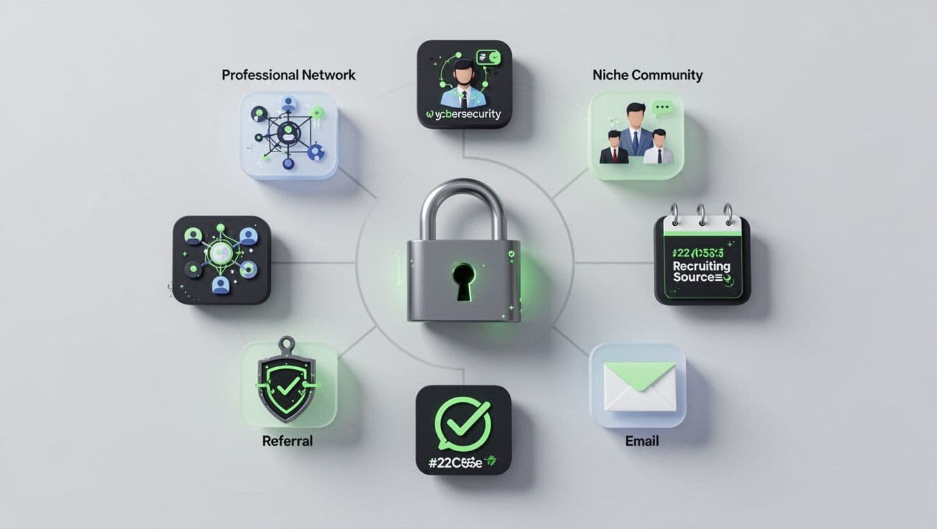 Modern illustration in clean shapes showing a balanced mix of cybersecurity recruiting sources: LinkedIn, communities, events, referrals, outbound email icons around a central lock symbol with green accents.