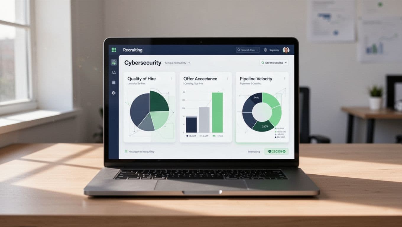 Modern illustration of a balanced recruiting dashboard on a laptop screen featuring charts for quality of hire, offer acceptance, and pipeline velocity metrics specific to cybersecurity roles, set on an office desk with soft natural lighting.