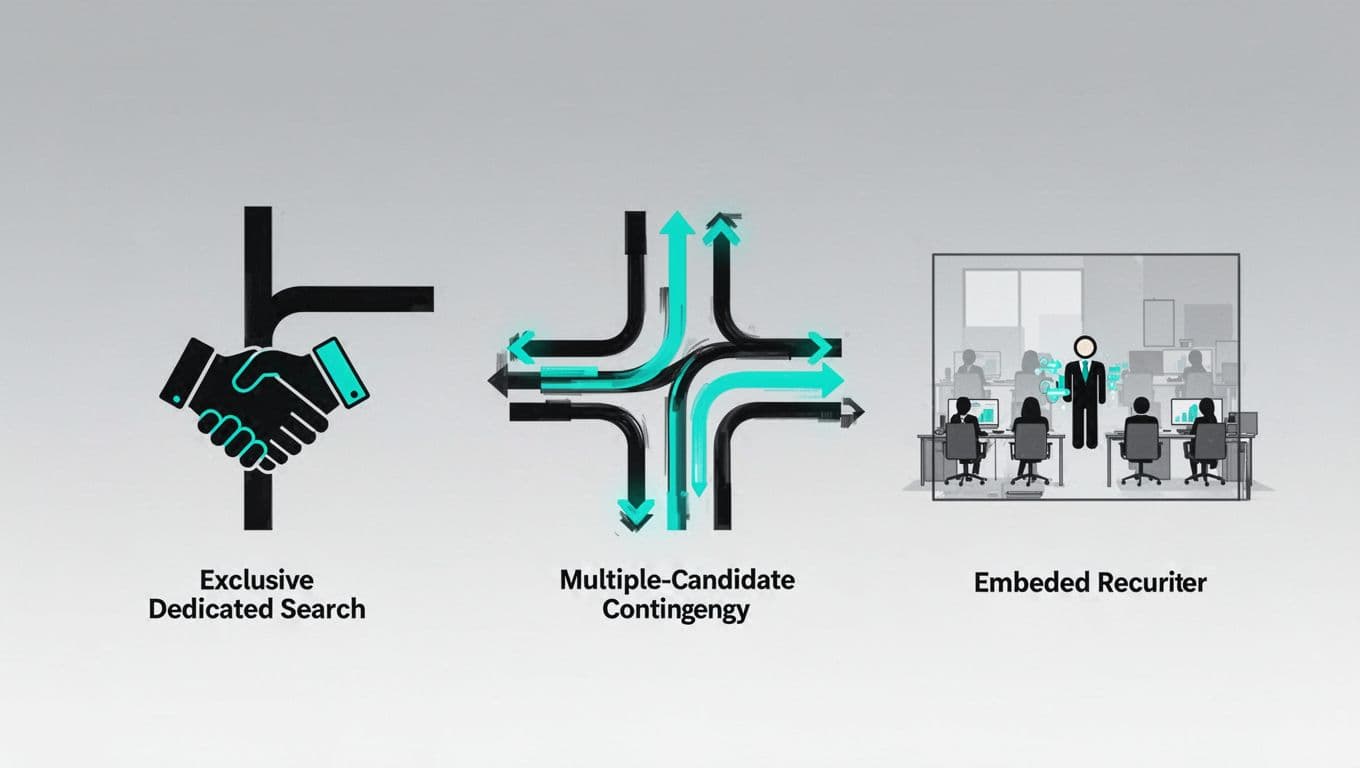 Modern illustration comparing three cybersecurity recruiting models side by side: retained with exclusive search path and handshake icon, contingency with merging candidate streams, embedded recruiter in team office. Clean shapes, controlled colors, #22C55E accents, landscape ratio, no people, text, or logos.