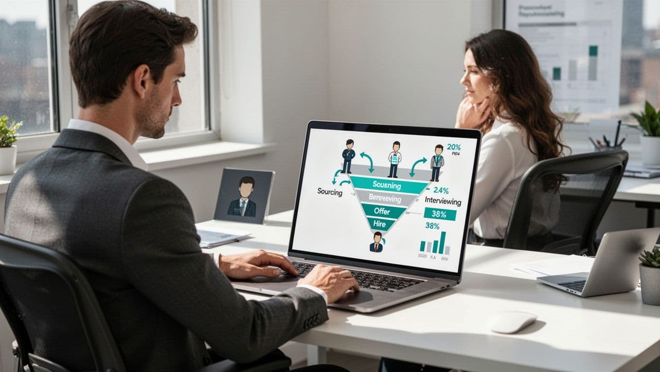 Modern illustration of a cybersecurity recruiting pipeline funnel showing stages from sourcing to hire, with candidate icons dropping off and conversion rate metrics as bars, displayed on a laptop at an office desk analyzed by one recruiter.