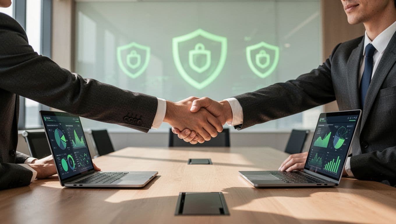 Modern illustration of two professionals shaking hands across a table with laptops showing cybersecurity dashboards and subtle cyber shields in a conference room setting.