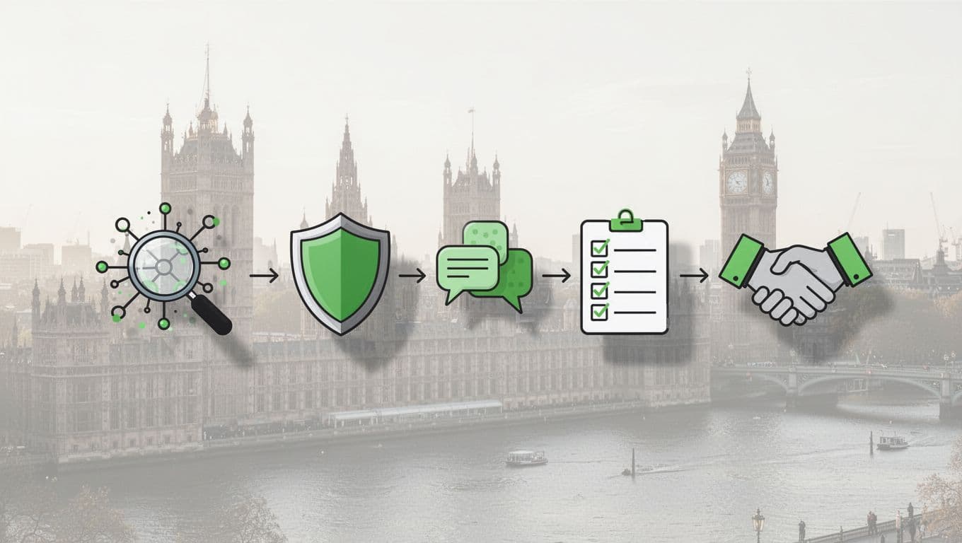 Horizontal infographic flowchart illustrating five key cybersecurity recruitment steps: network search, screening, interview, skills vetting, and final hire, connected by arrows with green accents on a subtle London skyline background.