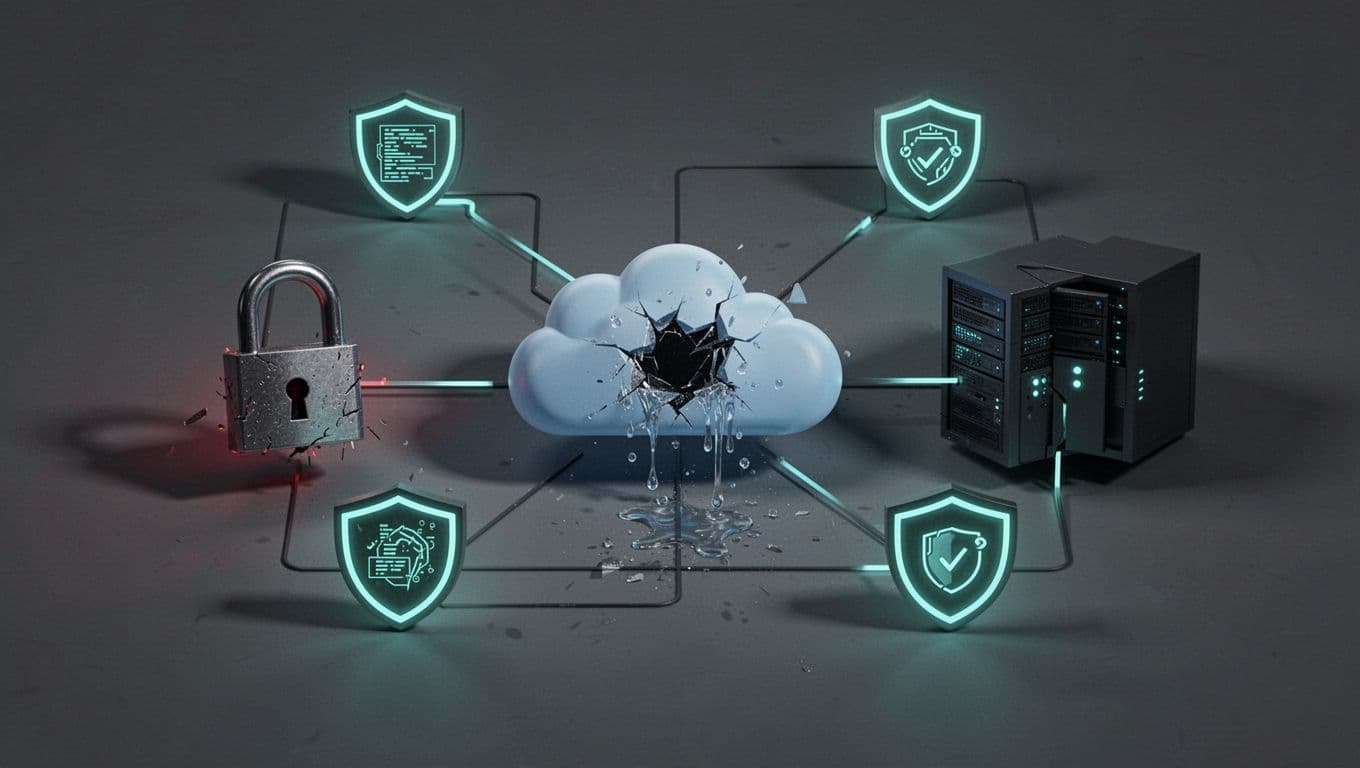 Broken locks, exposed data clouds, and unpatched servers show risks in a company network.