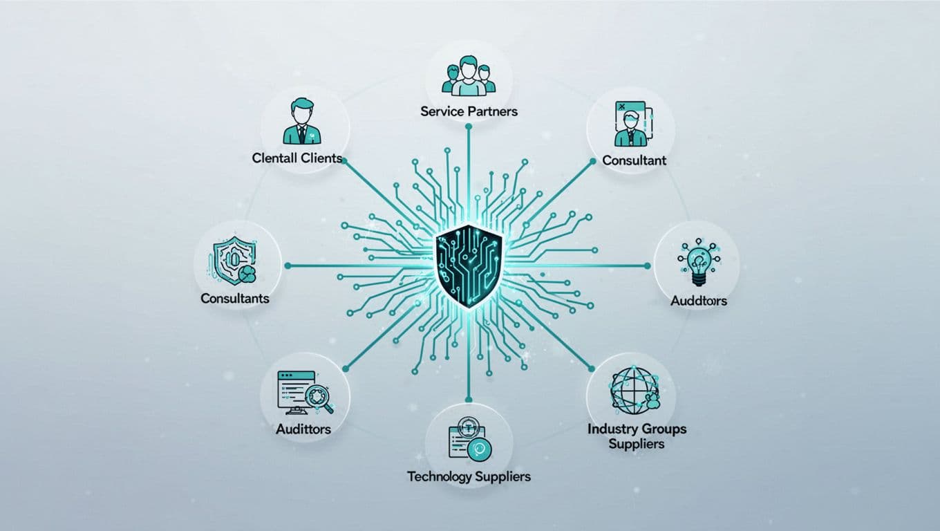 Modern illustration of a central cybersecurity firm icon connected by accented lines to six surrounding icons for clients, MSP partners, consultants, auditors, technology vendors, and industry associations in a professional network diagram style on a subtle gradient background.
