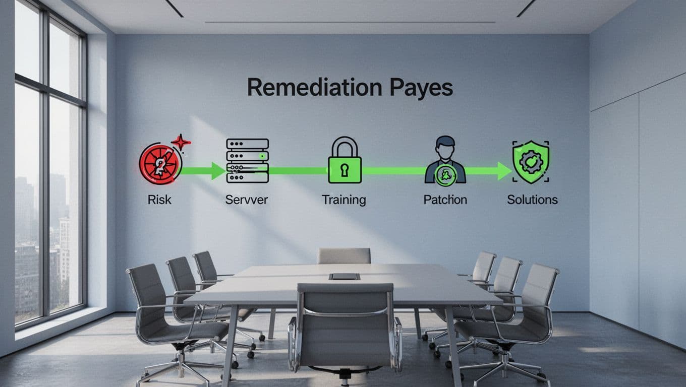 Modern illustration on a digital screen in an empty meeting room depicting a clear path of icons from cybersecurity risk symbols to solution icons like locked servers, training, and patches, connected by a highlighted green line.