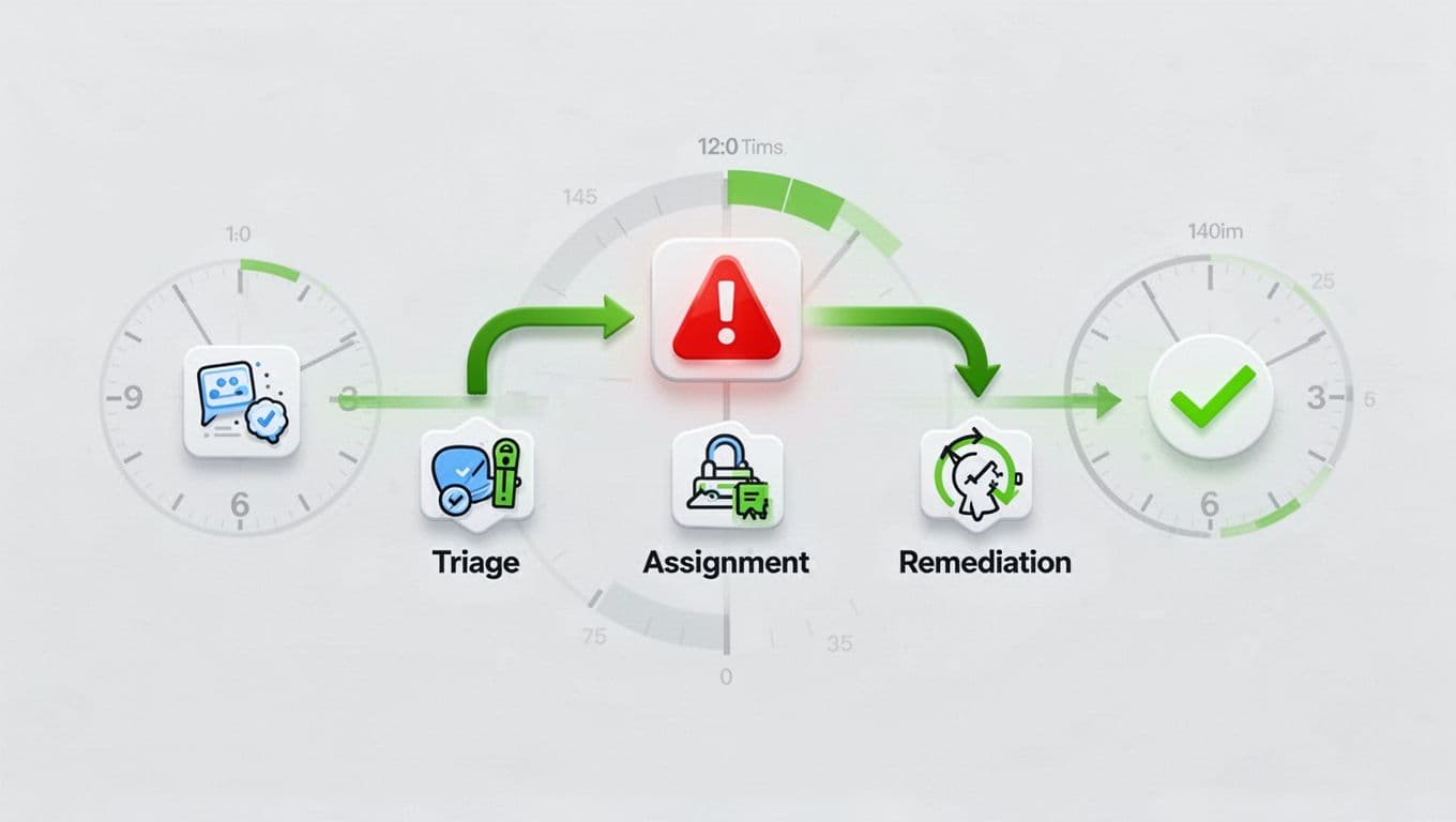 Modern illustration of a security remediation workflow diagram showing a central vulnerability alert flowing through triage, owner assignment, remediation, and verification steps via green-accented arrows, with subtle SLA timeline elements in a clean B2B SaaS style.