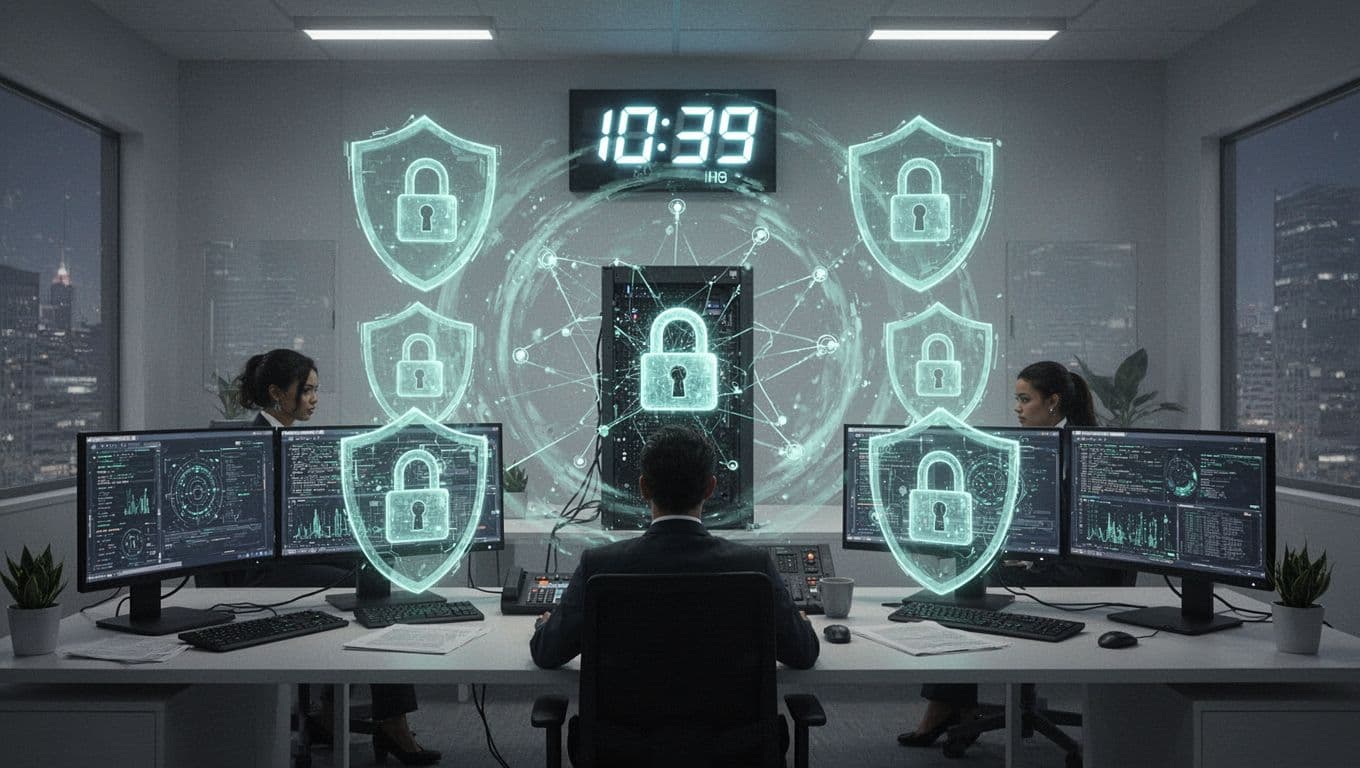 Modern illustration of a digital clock with cybersecurity shields and locks activating around a network server, monitored by one analyst in a control room.
