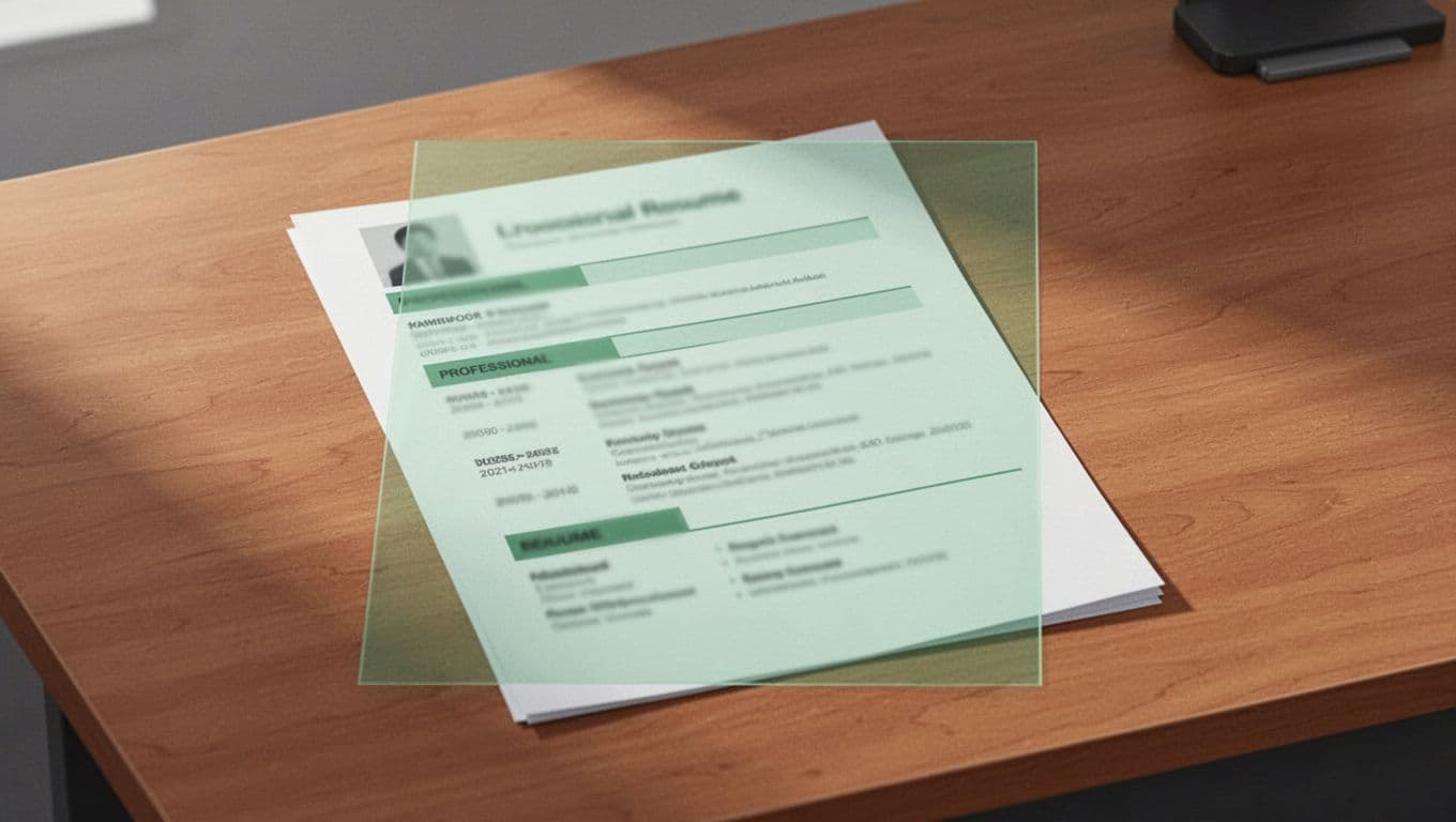 Printed cybersecurity resume on wooden desk under soft light, with green highlights on exaggerated sections and blurred text.