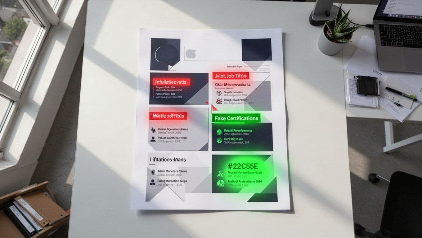 Modern illustration of a cybersecurity resume on a desk with red flags like inflated job titles and fake certifications highlighted in contrasting tones, genuine achievements in green, viewed from above in natural office lighting.