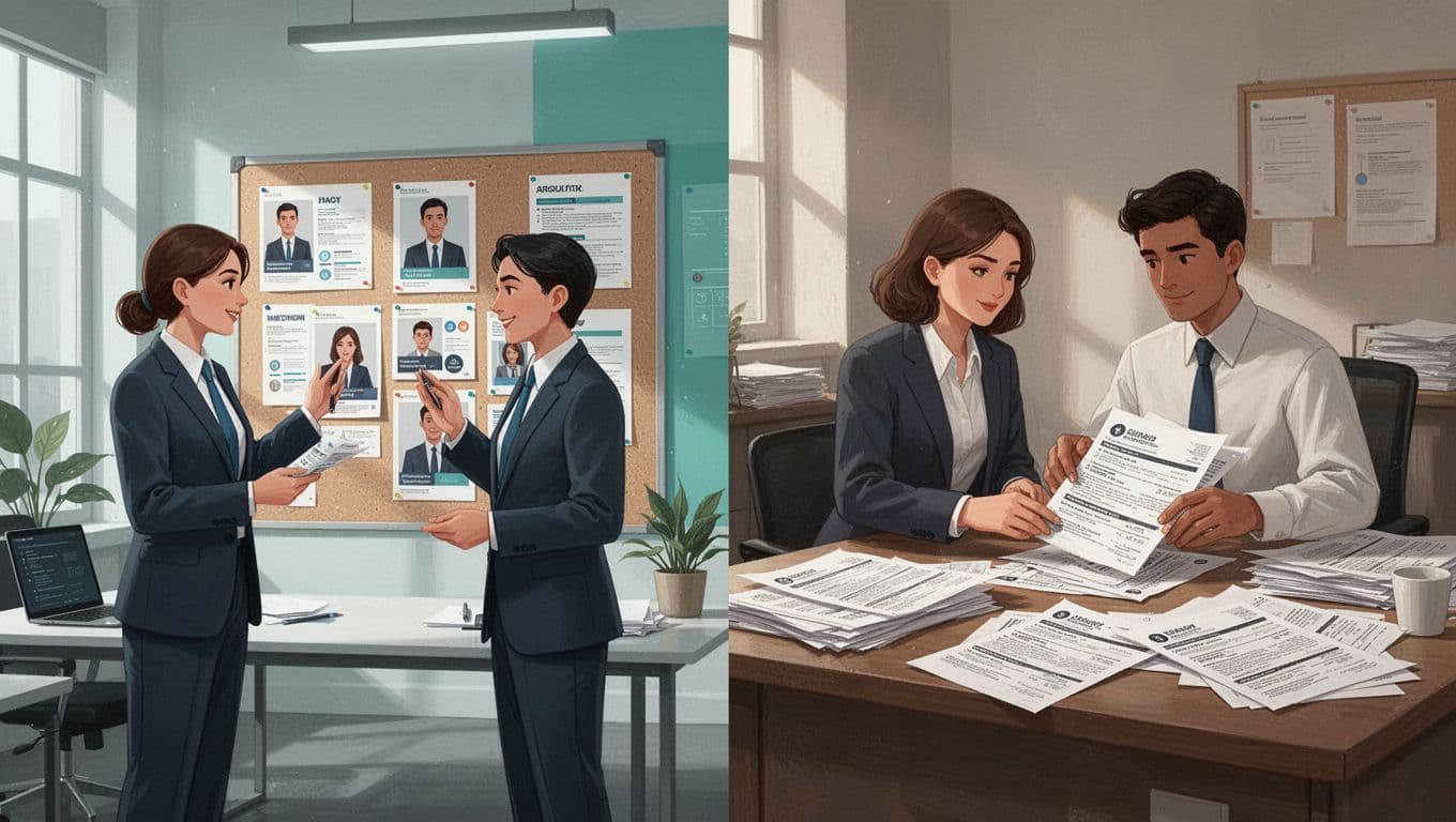 Modern split-scene illustration contrasting organized retained recruiting on the left—with a recruiter managing neat candidate profiles in a professional office—against chaotic contingency recruiting on the right with scattered resumes in a cluttered room.