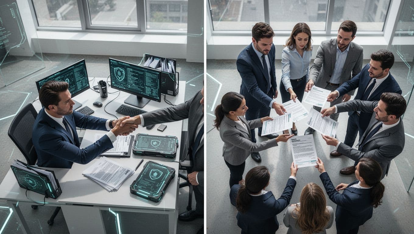 Modern illustration of a split path in a cybersecurity office: retainer side shows one focused recruiter with secure files and handshake, contingency side has multiple recruiters competing over resumes; clean shapes, green accents, overhead view.