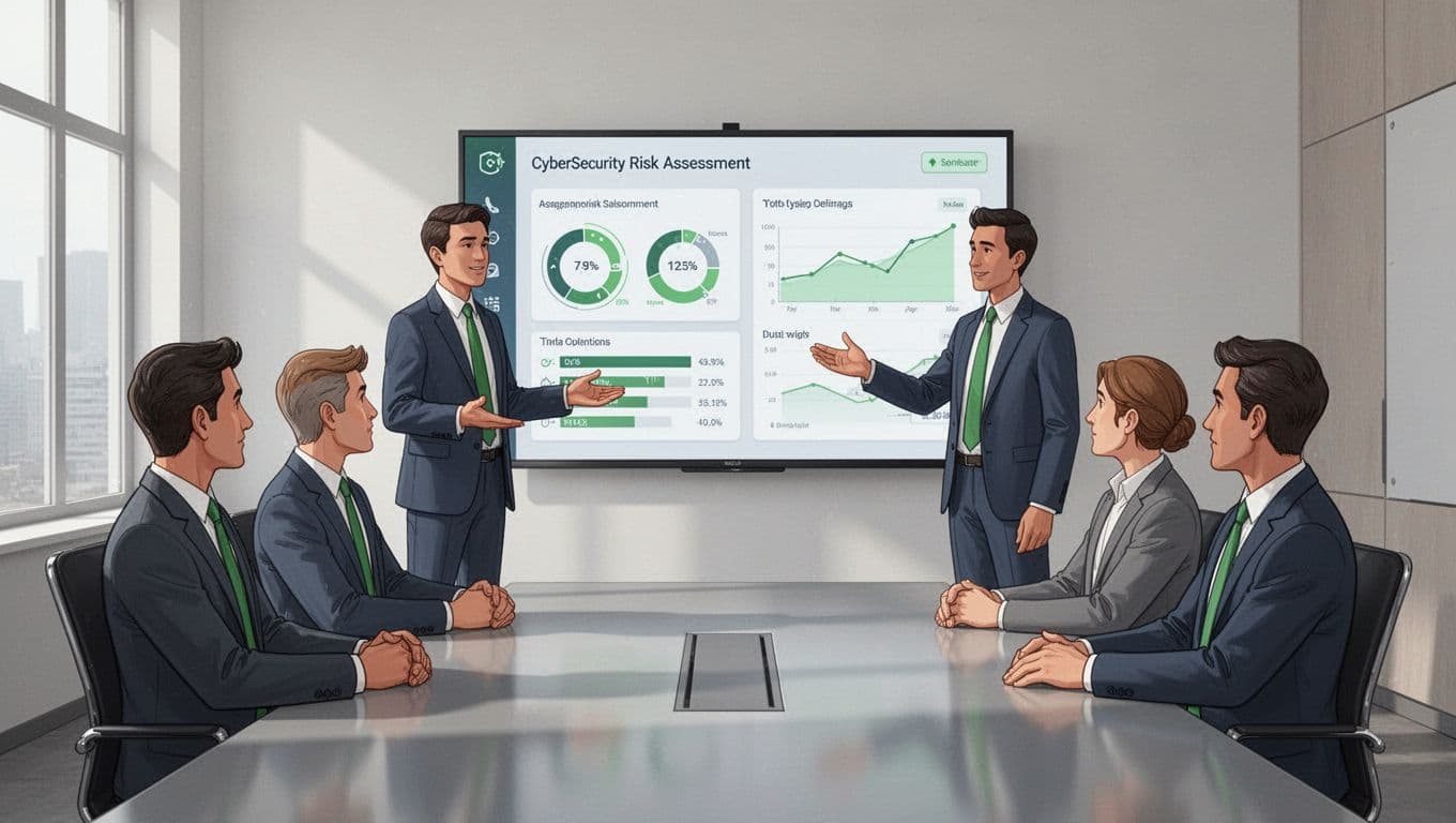 Modern illustration featuring a professional consultant presenting a cybersecurity risk assessment dashboard on a large monitor to three executives in a boardroom, with clean shapes, green accents on secure icons and charts, soft office lighting, and focus on screen interaction.
