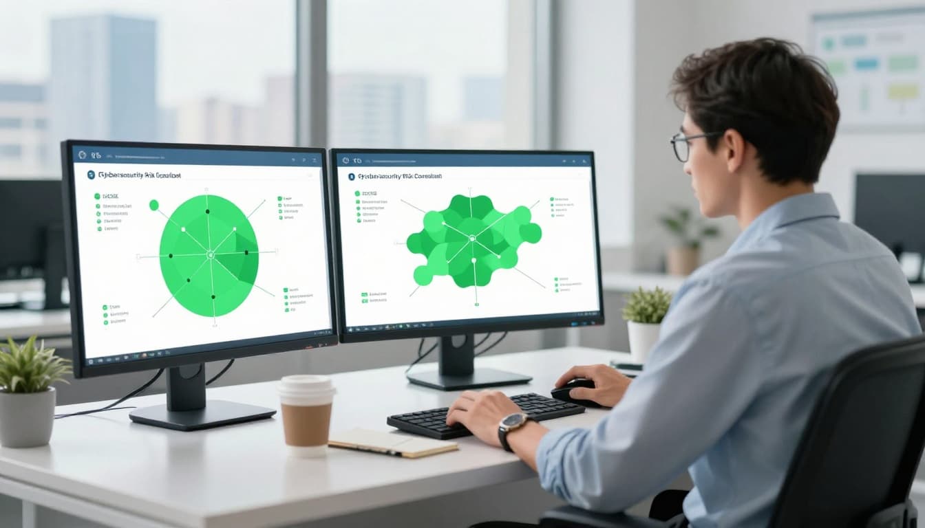 Modern illustration of a cybersecurity risk consultant in business casual attire seated at a sleek office desk with dual monitors showing network diagrams and color-coded risk heat maps in green for low risk, notebook and coffee mug nearby, in a clean office with city skyline view.