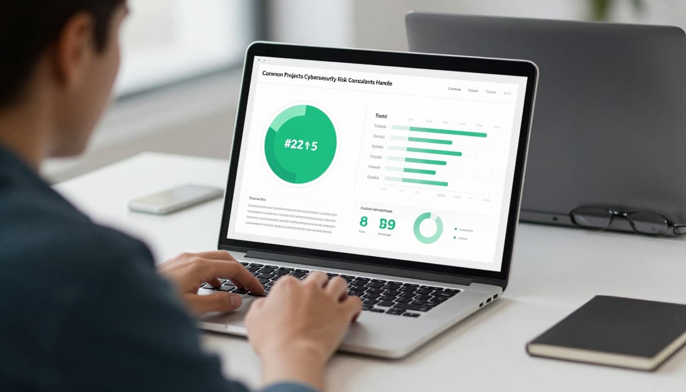 Modern illustration of a cybersecurity risk consultant at a desk in a modern office, reviewing risk assessment documents on a laptop with charts on screen, featuring clean shapes, controlled colors, soft natural lighting, and accent color #22C55E.