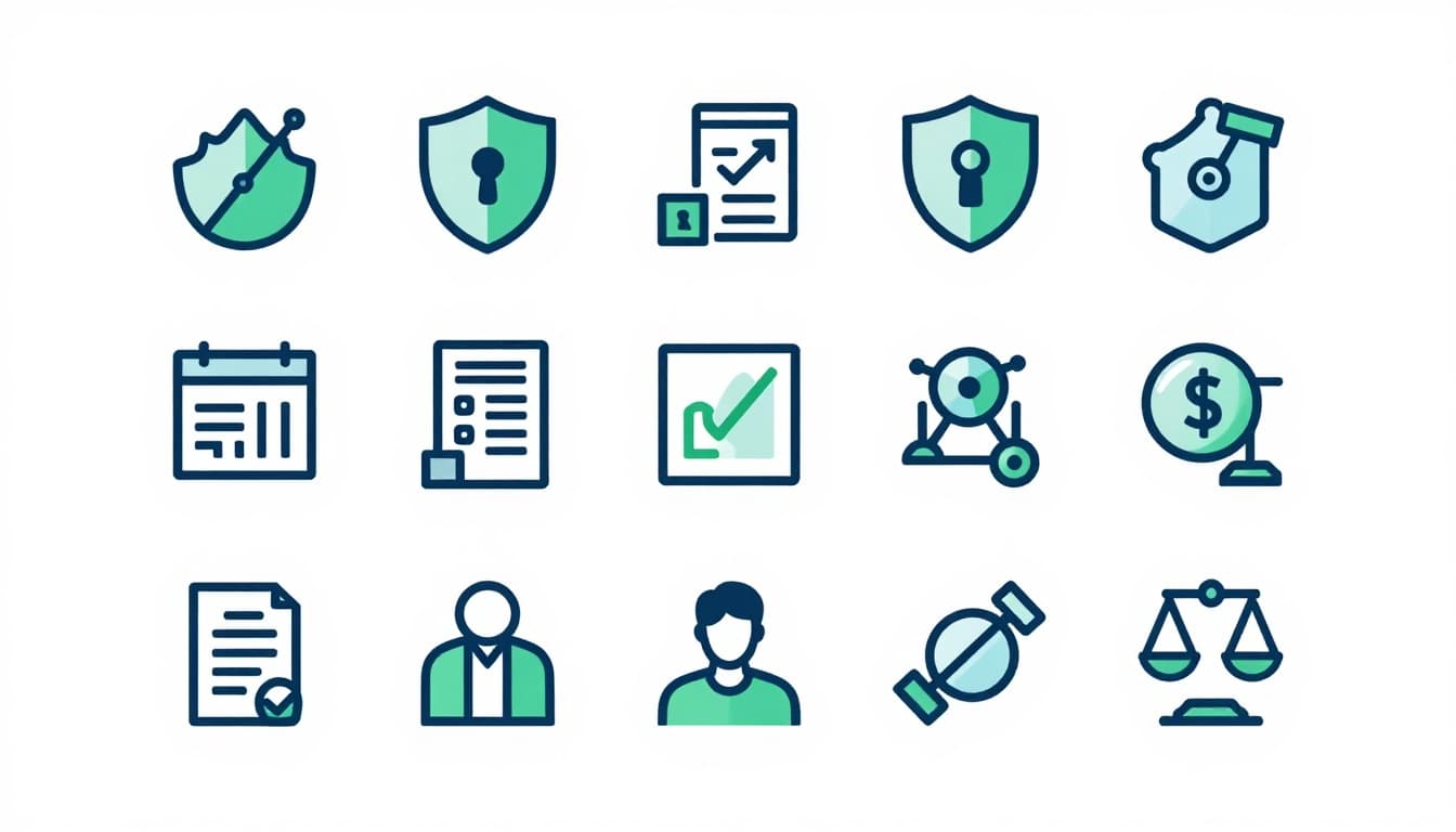 Modern flat-style illustration of icons representing essential cybersecurity risk consultant skills like shield, lock, checklist, network diagram, and balance scale, arranged cleanly with green accents on a subtle background.