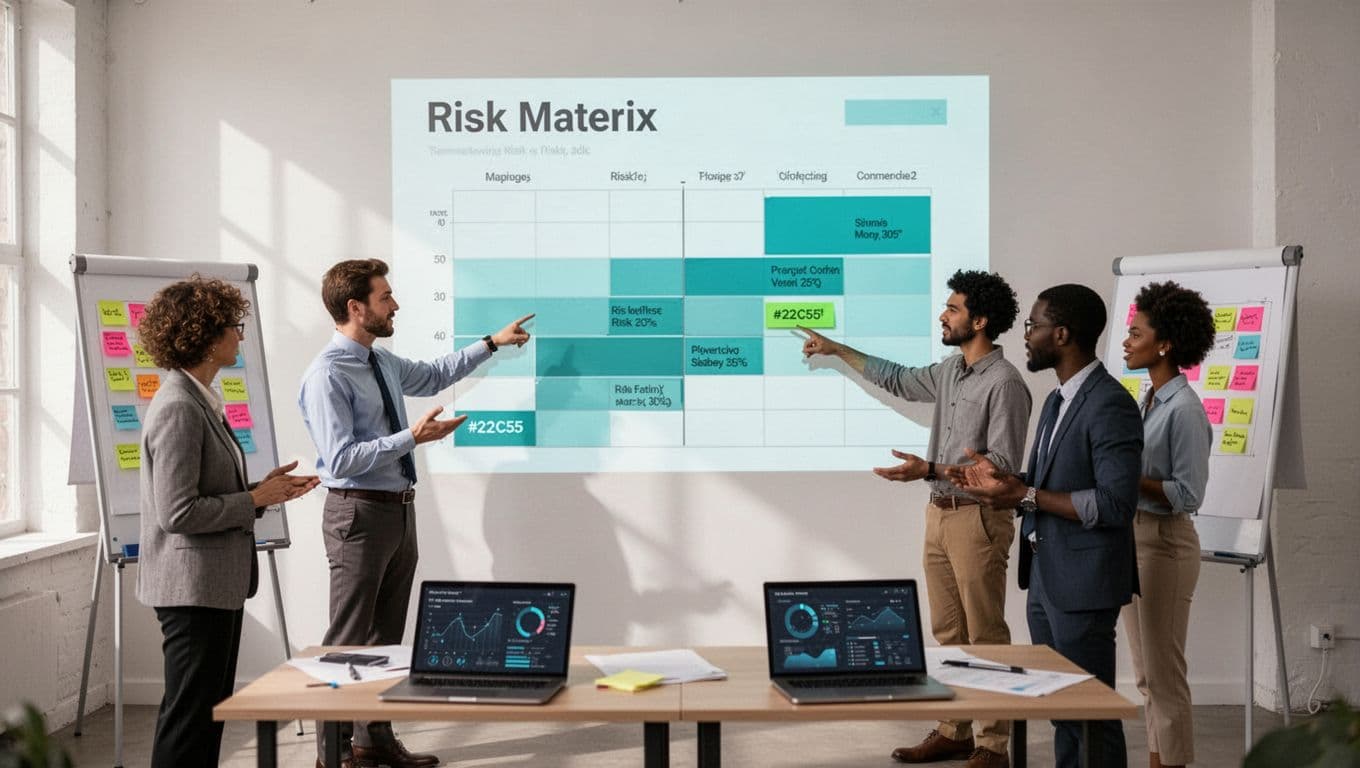 Five diverse professionals collaborate in a bright workshop around a large projected risk matrix chart displaying high, medium, and low risks, with sticky notes on a flipchart and laptops showing security dashboards.