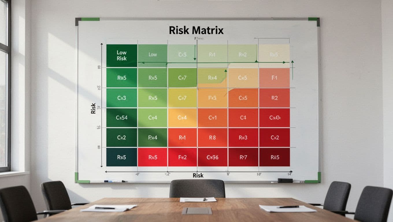 5x5 color-coded risk matrix on meeting room whiteboard, likelihood vs impact from green low to red high.