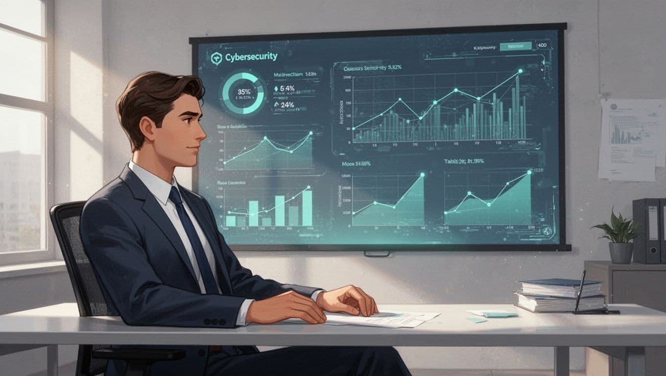Modern illustration of a business professional at a desk viewing a large screen dashboard displaying cybersecurity metrics like reduced incidents and cost savings, featuring clean shapes, controlled colors with green accents on charts, and natural office lighting.
