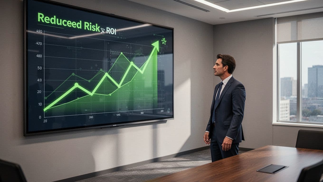 Modern illustration of a dashboard with upward trending graphs in green showing reduced risks and ROI metrics, viewed by a business leader on a large screen in a boardroom.