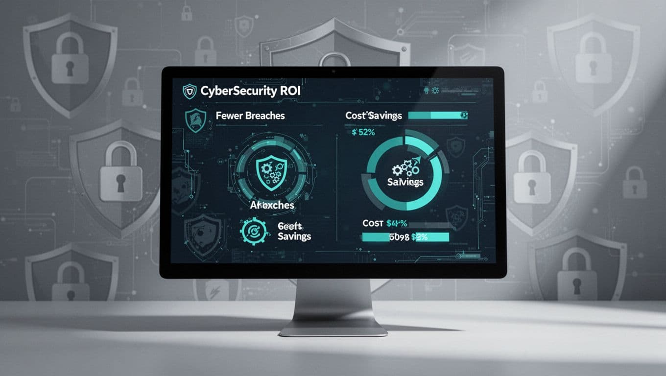Modern illustration of a computer monitor dashboard displaying cybersecurity metrics like reduced breaches and cost savings, set against a subtle cyber-themed background with shields and locks.