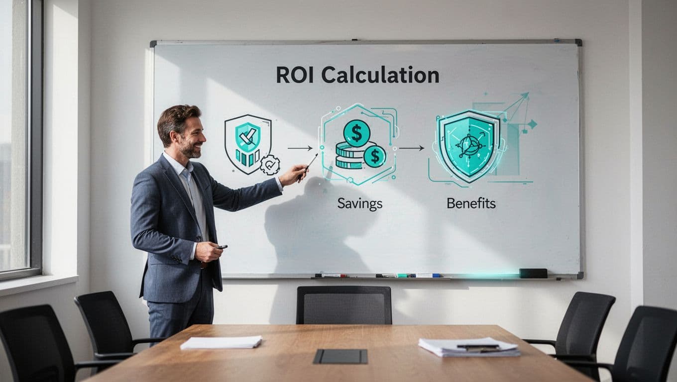 Modern illustration of a consultant pointing to a simple ROI formula on a whiteboard with icons for costs, savings, and benefits in a cybersecurity context. Clean shapes, controlled colors with green accents, strong composition, soft lighting in a meeting room.