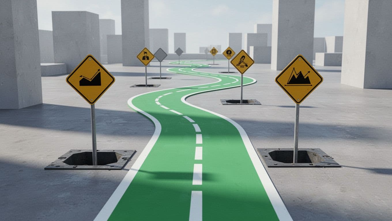 Modern illustration of pitfalls in ROI measurement like ignoring baselines or qualitative gains, depicted as road signs or traps avoided by a secure path with clean shapes and controlled colors.