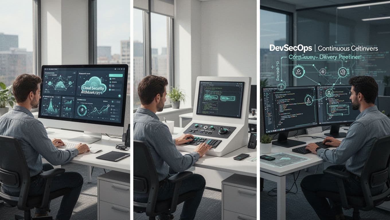 Modern illustration of three key cybersecurity roles in separate vignettes: cloud security architect at a dashboard, IAM specialist managing access keys, and DevSecOps engineer integrating code, with clean shapes, controlled colors, and green accents.