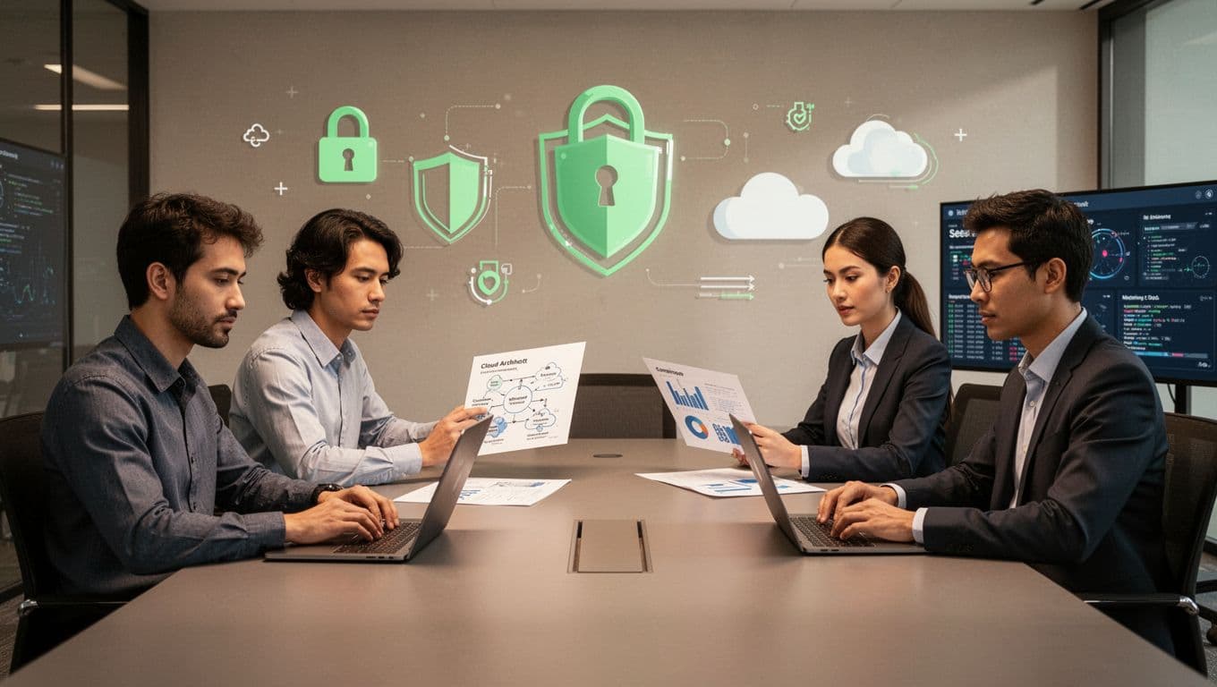 Modern illustration featuring four security professionals, an application security engineer, cloud security architect, GRC specialist, and SecOps analyst, collaborating around a conference table in a modern office with neutral background and green accent colors on security icons.