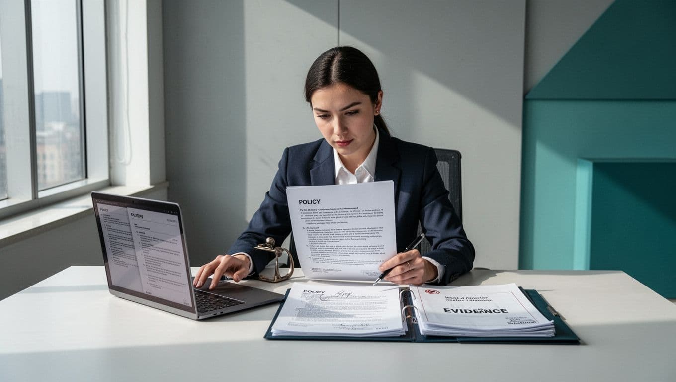 Modern illustration depicting four distinct cybersecurity roles: control owner deciding policy, operator implementing tasks, evidence owner collecting proof, approver signing off, each in separate office panels with clean shapes and green accents.