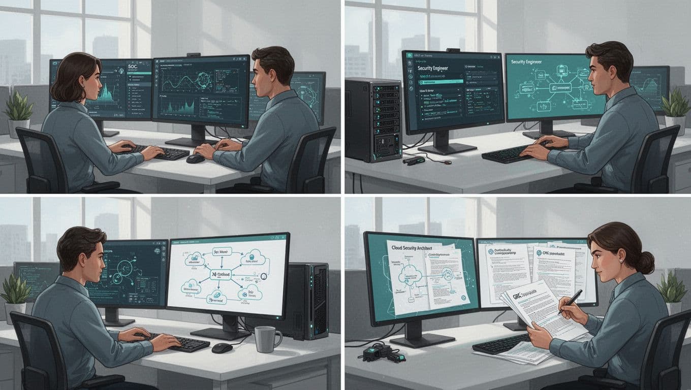 Modern split-composition illustration of four cybersecurity specialists at work in an office: SOC analyst monitoring dashboard, security engineer configuring firewall, cloud security architect diagramming multi-cloud setup, GRC specialist reviewing compliance documents, with #22C55E accents and clean design.