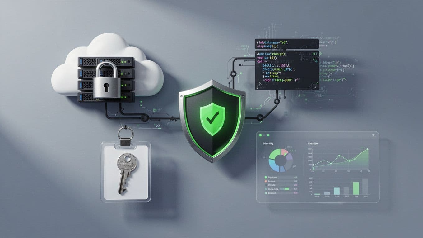 Modern illustration collage of cybersecurity elements including cloud server with lock, code pipeline with shield, identity badge with key, and subtle analysis dashboard on neutral gray-blue background.