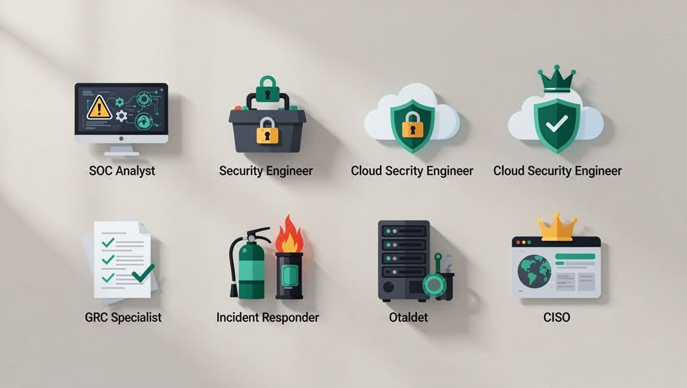 Modern grid illustration of six key cybersecurity roles: SOC analyst as alert monitor, security engineer as lock toolbox, cloud security engineer as shielded cloud, GRC specialist as checked documents, incident responder as server extinguisher, and CISO as dashboard crown. Features clean shapes, green accents, professional tones, and neutral background.