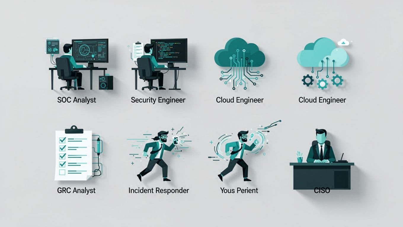 Modern clean illustration of icons depicting key cybersecurity roles: SOC analyst at monitor, security engineer coding, cloud engineer with symbols, GRC analyst with checklists, incident responder in action, and CISO at desk, arranged in a grid on neutral background with green accents.