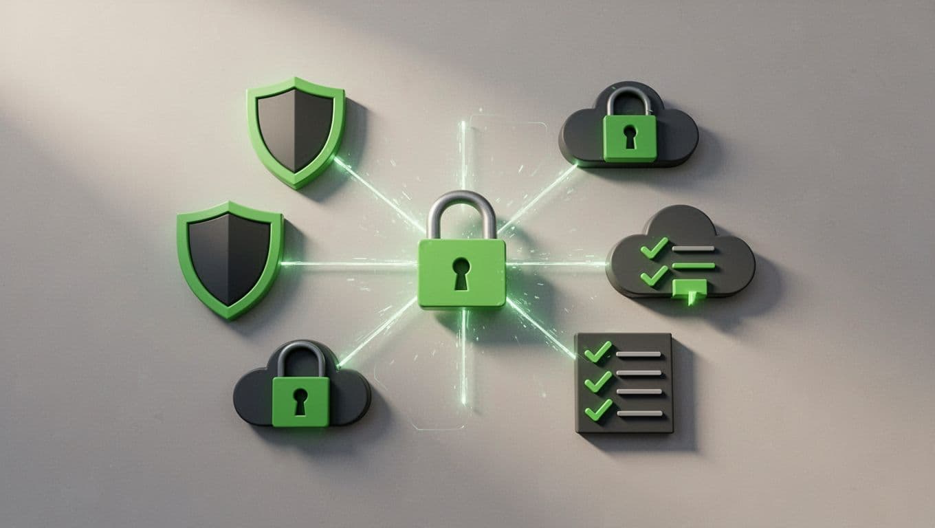 Modern illustration of icons for cybersecurity roles including SOC analyst shield, security engineer lock, cloud security cloud, and GRC checklist, arranged in a network around a central recruiter figure with neutral tones and green accents.