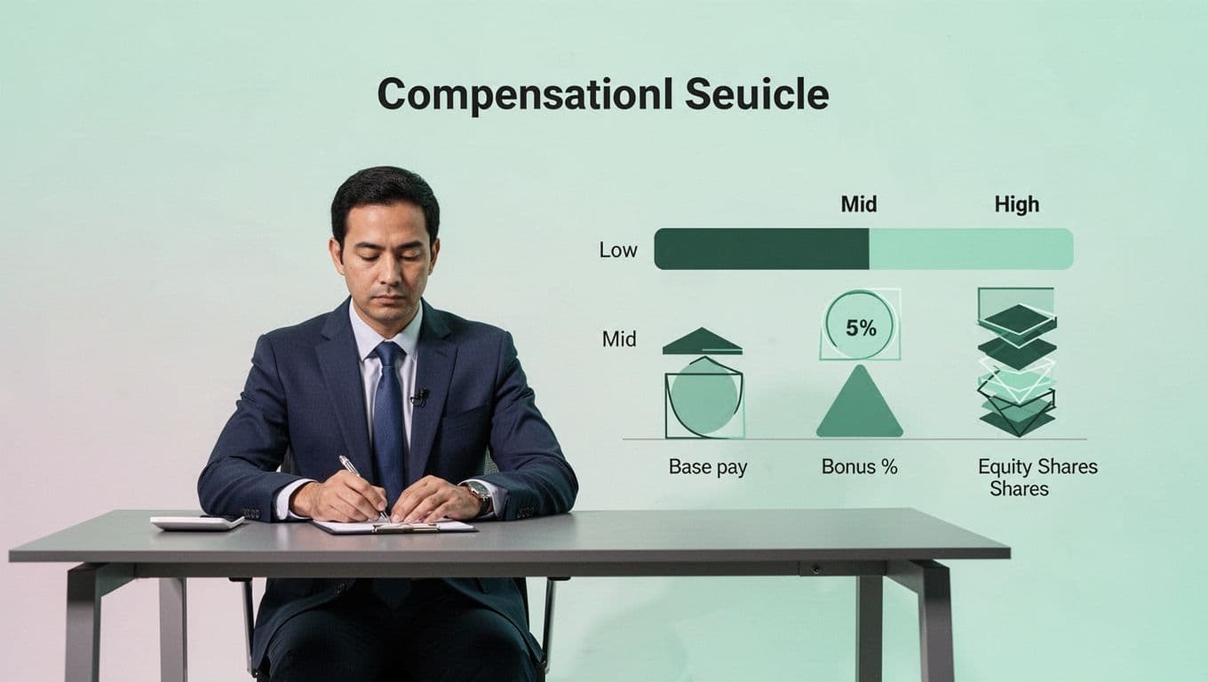 Modern illustration of a horizontal salary band for a cybersecurity role, featuring low, mid, and high points with base pay, bonus, and equity icons alongside a professional reviewing data.