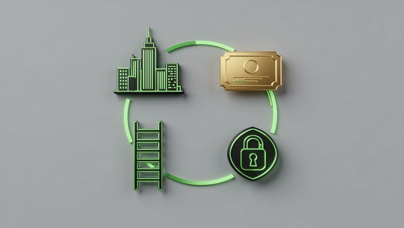 Modern flat illustration with four icons for location, certifications, experience, and security clearance on a neutral gray background with green accents.
