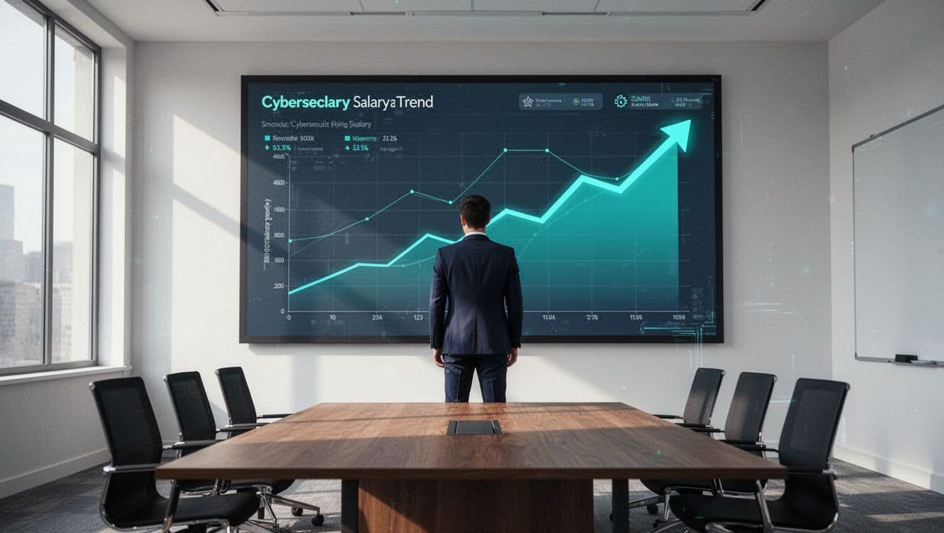 Modern illustration of upward salary trend graphs for cybersecurity roles on a digital dashboard in a mid-market conference room, viewed by one security leader.