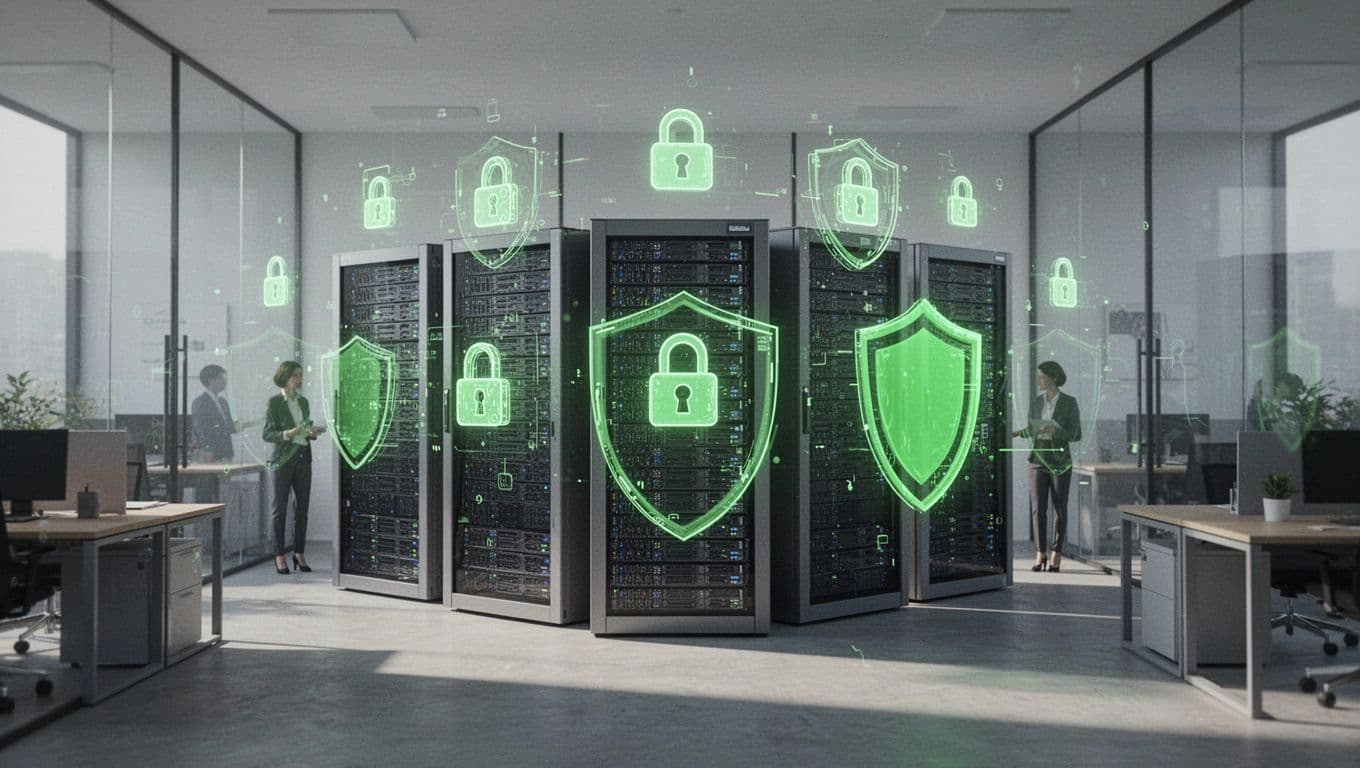 Modern illustration of a secure network diagram with locks and shields protecting servers and people icons on an office background, highlighting security controls.
