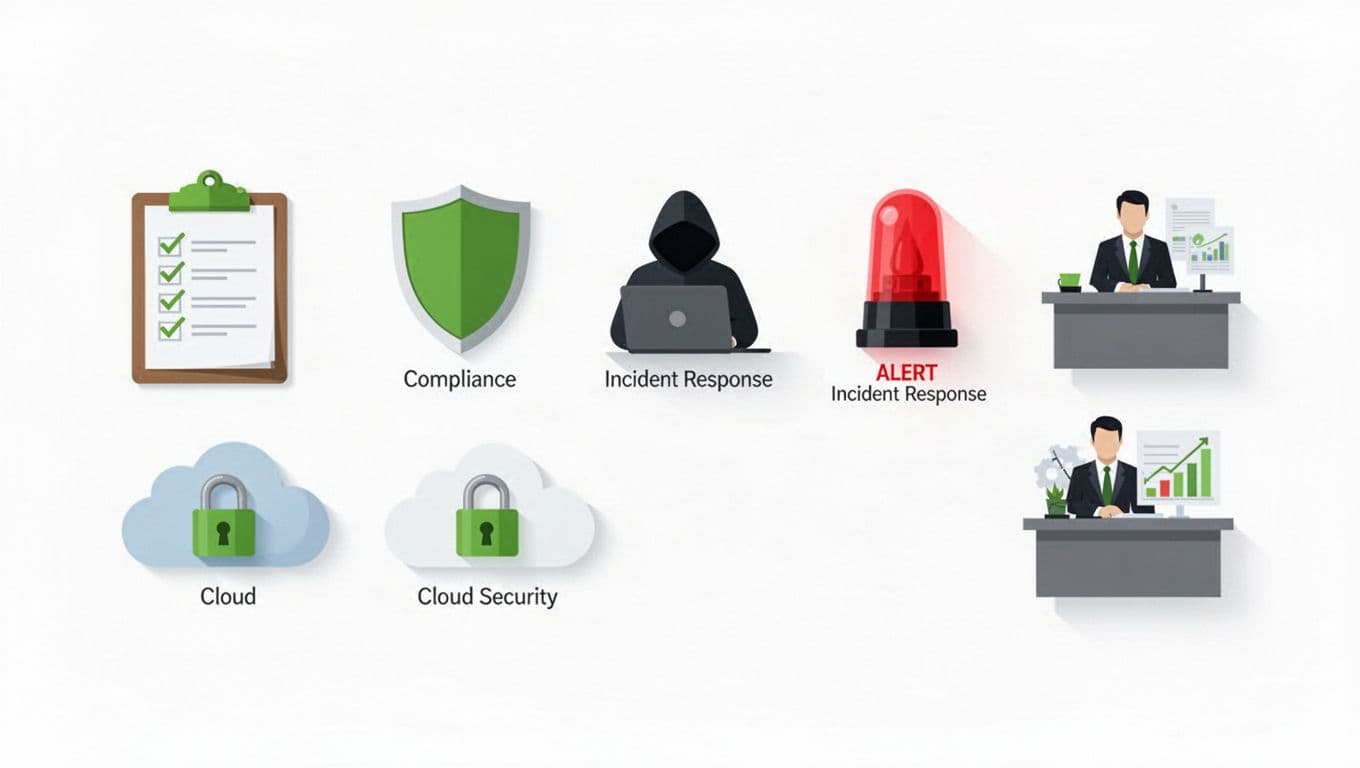 Modern flat design grid of six cybersecurity service icons: assessment checklist, compliance shield, penetration testing silhouette, incident response siren, locked cloud security, and vCISO executive. Clean shapes with green accents on white background, landscape composition, no text or extra elements.