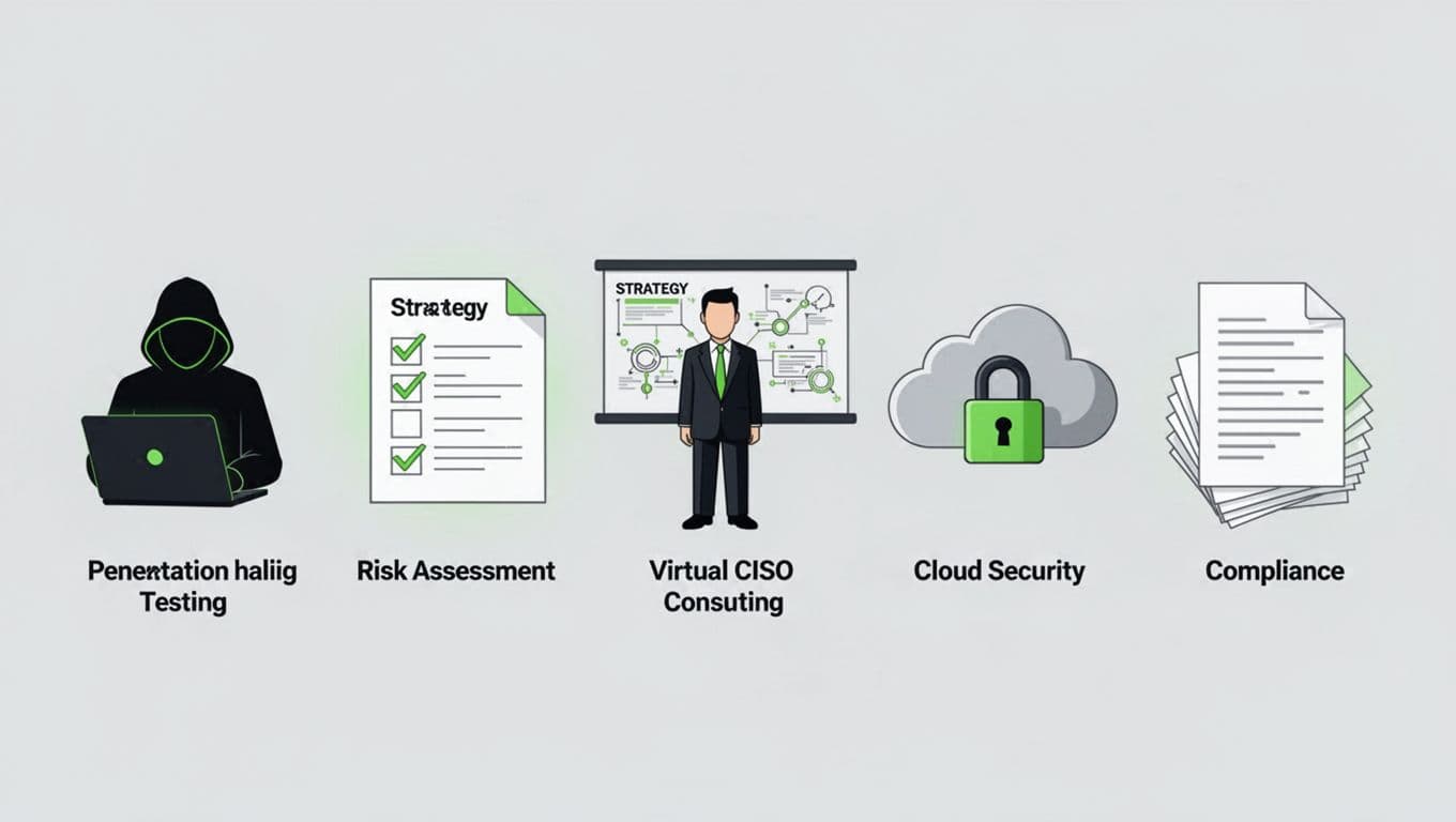 Balanced horizontal illustration of icons representing cybersecurity services: ethical hacker for penetration testing, checklist for risk assessment, executive for vCISO, secure cloud, and compliance documents, in modern style with green accents.