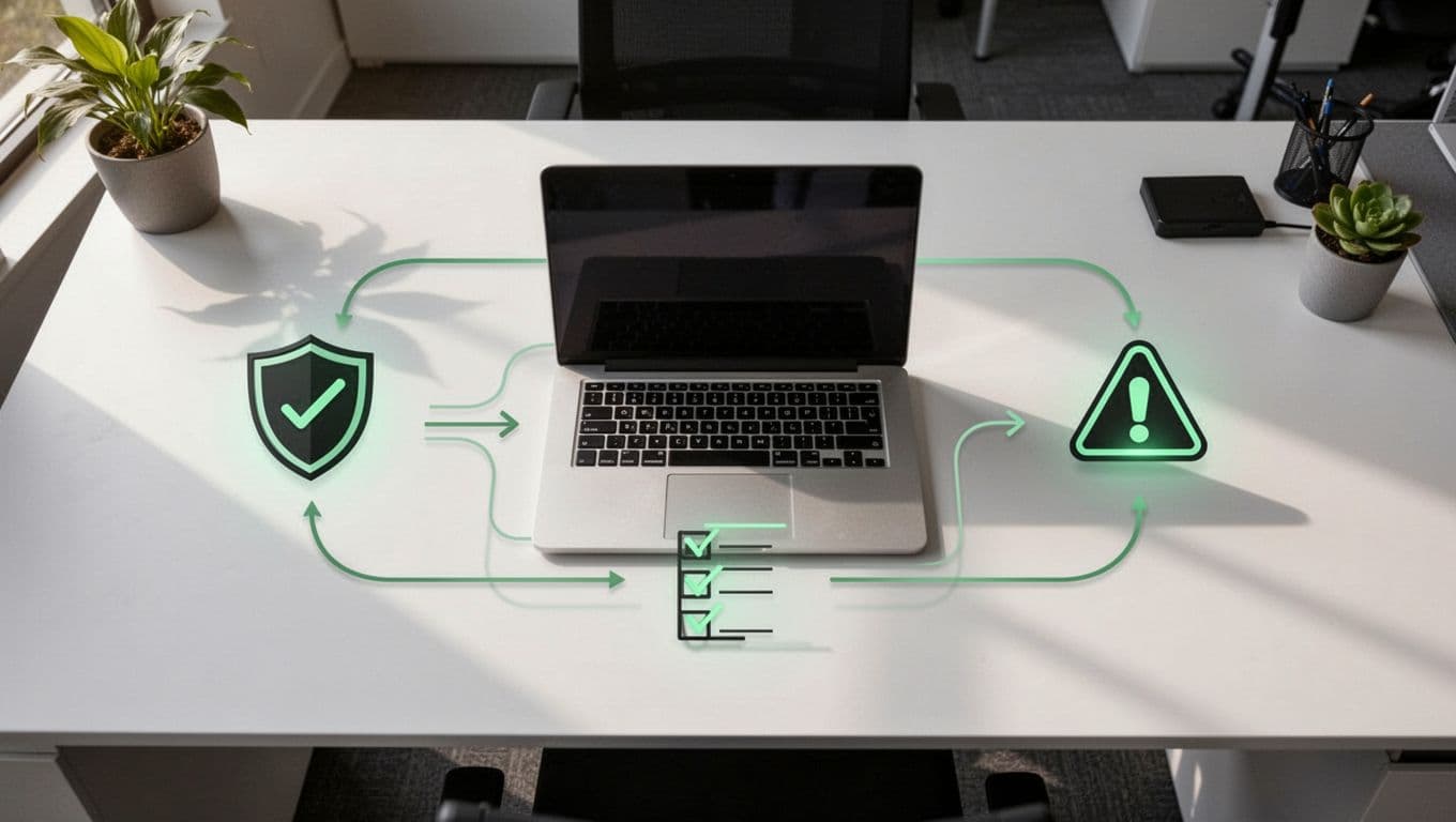 Modern top-down illustration of cybersecurity services icons including shield for protection, checklist for compliance, and alert for incident response, arranged in a workflow on a desk with laptop.