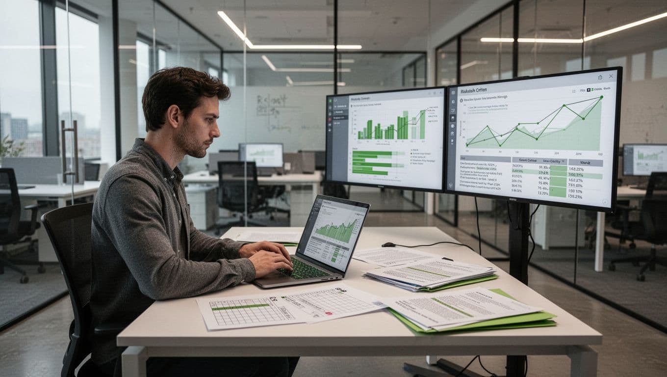 Modern split-scene illustration showing three cybersecurity services: ethical hacker performing penetration test, compliance review with documents and checklist, and risk assessment meeting with charts in a contemporary office.