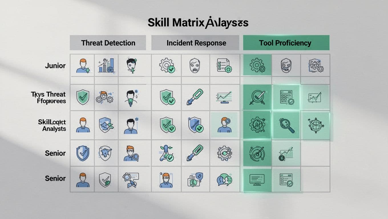 Grid chart with rows for junior to senior levels and columns for threat detection, incident response, tools; simple icons and green accents indicate proficiency on light background.