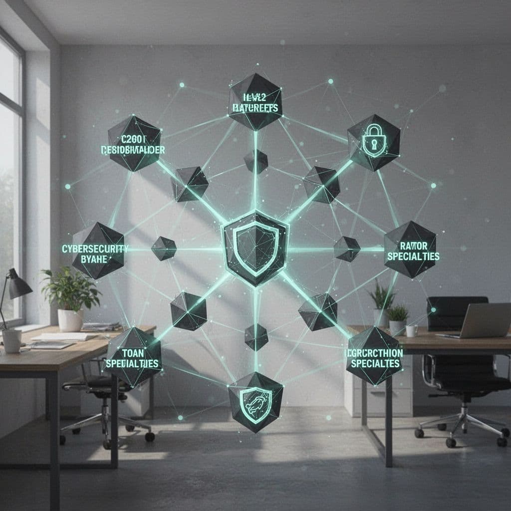Modern illustration depicting a skill adjacency graph for cybersecurity roles, with nodes for cloud security, IAM, and DevSecOps connected by lines in an abstract office setting featuring subtle desk elements, clean shapes, and green accent lines.