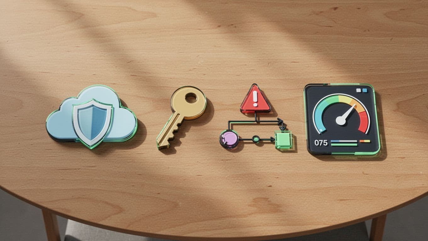 Collection of icons representing top cybersecurity skills: cloud with shield for cloud security, key for IAM, alert flowchart for incident response, and dashboard for SIEM, arranged on a wooden table in top-down portfolio style with modern clean illustration, green accents, and soft lighting.