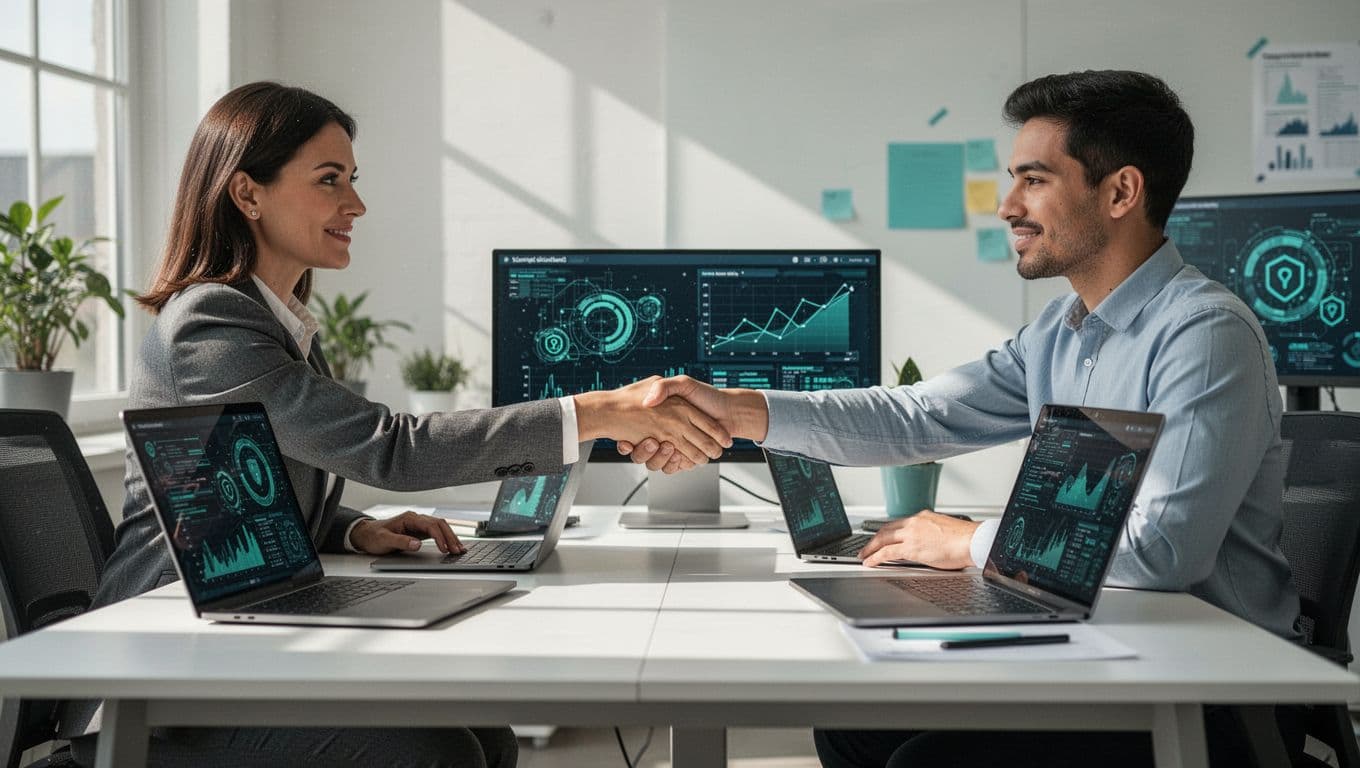 Modern illustration of a cybersecurity hiring manager shaking hands with a new SOC analyst across a desk in a bright office, laptops showing security dashboards.