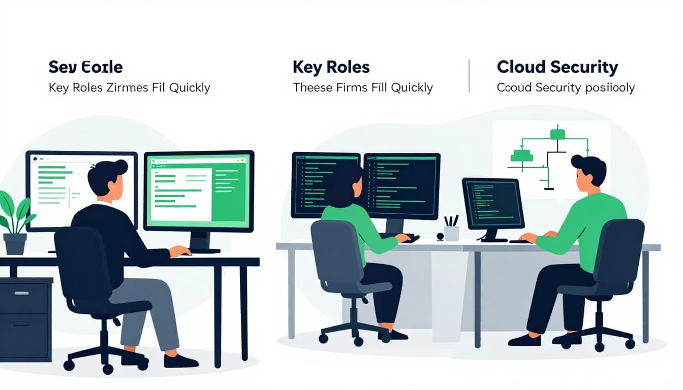 Modern illustration featuring three cybersecurity professionals at work: a SOC analyst monitoring screens, a security engineer coding at a desk, and a cloud security specialist diagramming architecture in an operations center with green accents.