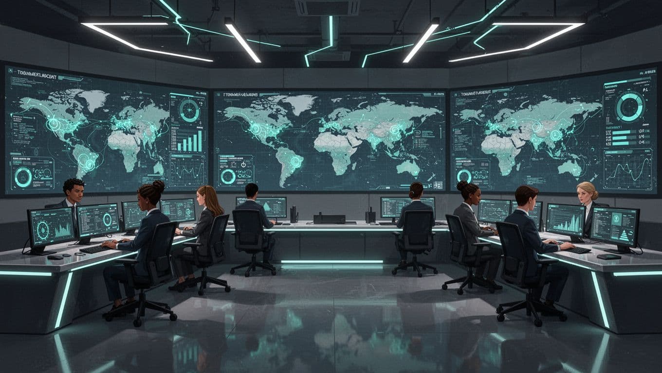 Large cybersecurity operations center with six diverse analysts at workstations monitoring global threat maps and dashboards on large screens in a high-tech control room.